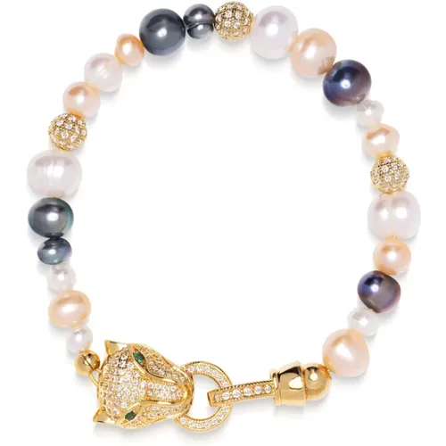 Women's Multi-Colored Pearl Bracelet with Gold Panther Head , Damen, Größe: S - Nialaya - Modalova