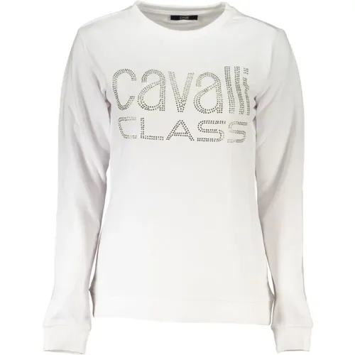 Weißer Baumwollpullover mit Strass-Logo , Damen, Größe: XS - Cavalli Class - Modalova
