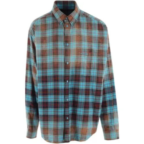 Oversized Check Flannel Shirt with Logo Embroidery , male, Sizes: M - Balenciaga - Modalova