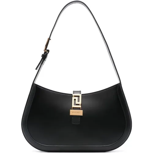 Schwarze Lederhandtasche mit Graviertem Logo - Versace - Modalova