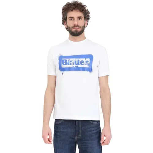 Weißes T-Shirt mit Blauem Aufdruck , Herren, Größe: XL - Blauer - Modalova