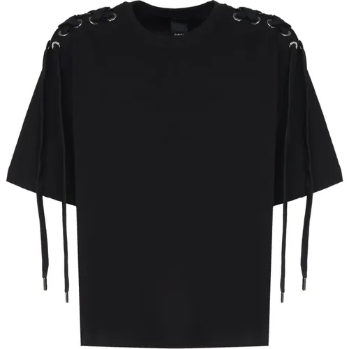 Schwarzes T-Shirt mit Spitzen-Detail aus Baumwolle , Damen, Größe: S - pinko - Modalova
