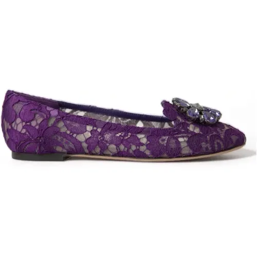 Lila Taormina Spitze Kristall Flache Schuhe , Damen, Größe: 37 EU - Dolce & Gabbana - Modalova