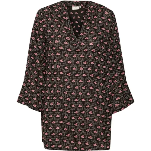 Frill Tunic Printed Blouse Dunkel/Rosa Blumen , Damen, Größe: L - Kaffe - Modalova