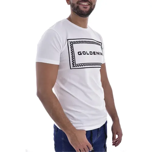 Bedrucktes T-Shirt - Weiß, Figurbetonter Schnitt, Kurze Ärmel , Herren, Größe: L - Goldenim paris - Modalova