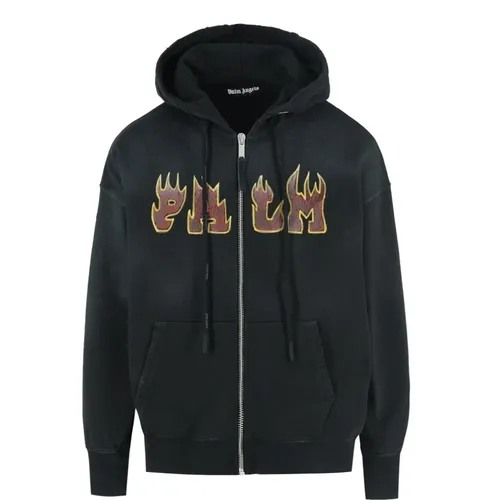 Flames Zipped Hoody with Logo Print , male, Sizes: L - Palm Angels - Modalova