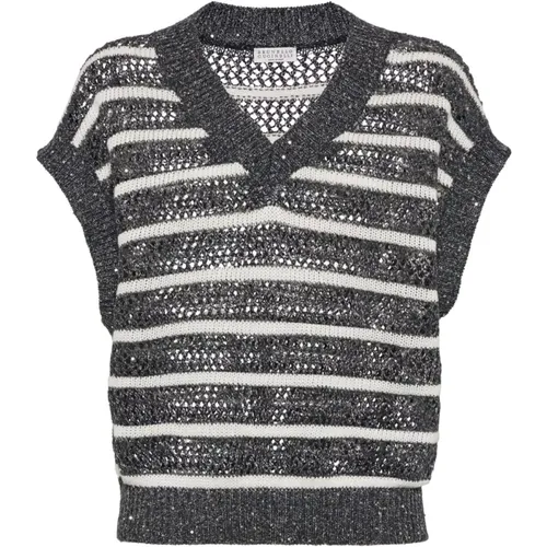 V-neck Knitwear, female, , Size: L Petroleum Knit Vest - BRUNELLO CUCINELLI - Modalova