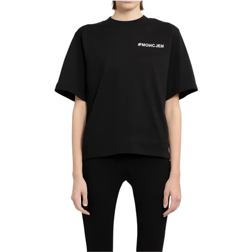 Schwarzes Baumwoll-T-Shirt mit Logo , Damen, Größe: L - Moncler - Modalova
