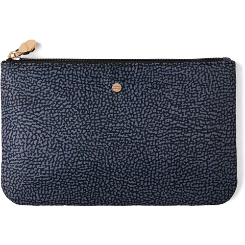 Clutches, female, , Size: ONE SIZE Denim Flat Pouch with Leather Details - Borbonese - Modalova