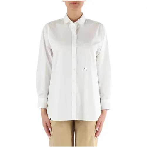 Oversized Cotton Shirt with Logo Embroidery , female, Sizes: S, M - Sun68 - Modalova