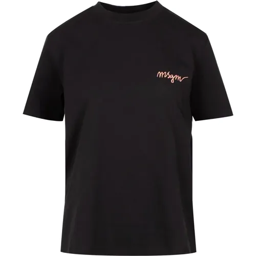 Schwarze Baumwoll-T-Shirts und Polos mit gesticktem Logo , Damen, Größe: L - Msgm - Modalova