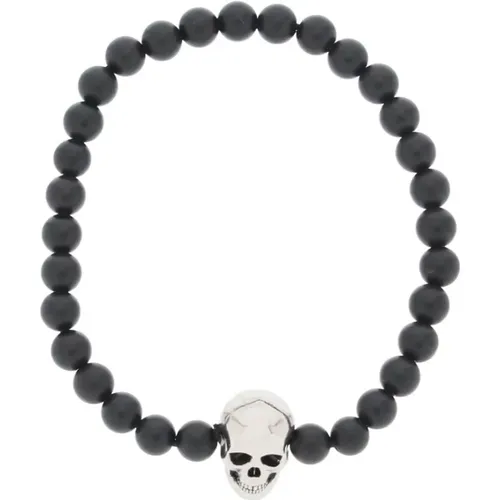 Bracelets, male, , Size: ONE SIZE Skull Bracelet with Pearls and Antique Silver-Finish - alexander mcqueen - Modalova