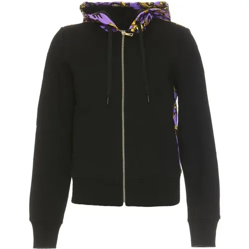 Black Hooded Sweatshirt with Lilac Logo Brush Couture Print - L , female, Sizes: L - Versace Jeans Couture - Modalova