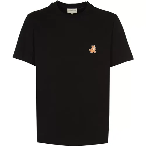 Speedy Fox Patch Schwarzes Tee , Herren, Größe: XL - Maison Kitsuné - Modalova