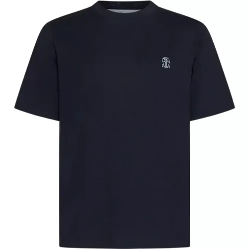 Blaues Baumwoll-T-Shirt mit Logodruck - BRUNELLO CUCINELLI - Modalova