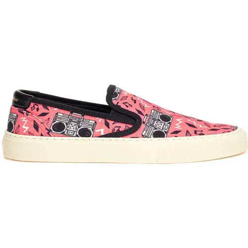 Loafers, female, , Size: 9 1/2 US Canvas Slip-On with Radio Print - Saint Laurent - Modalova