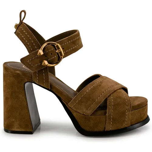 Suede Crossover Strap Block Heel Shoes , female, Sizes: 4 UK - Ash - Modalova