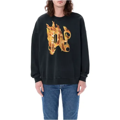 Schwarzer Burning Monogram Sweatshirt,Schwarzer Oversize Sweatshirt - Palm Angels - Modalova