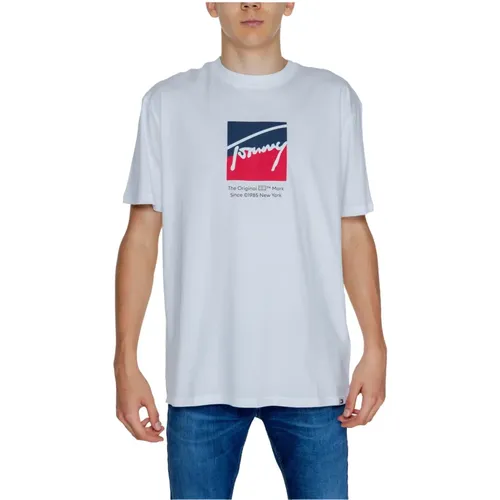 Weißes Bedrucktes Rundhals-T-Shirt , Herren, Größe: M - Tommy Hilfiger - Modalova