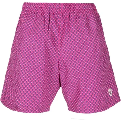 Beachwear, male, , Size: M Skull-Print Swim Shorts in Fuchsia and Blue - alexander mcqueen - Modalova