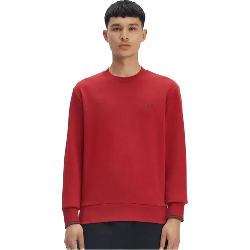 Sweatshirts, male, , Size: M Cotton Crewneck Sweatshirt with Ribbed Trim - Fred Perry - Modalova