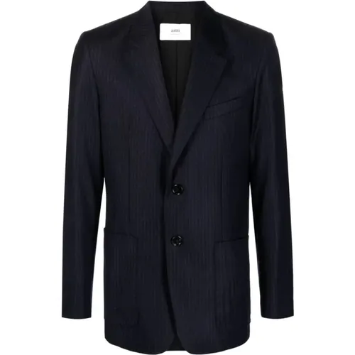 Blazers, male, , Size: M Navy Pinstripe Wool Jacket - Ami Paris - Modalova