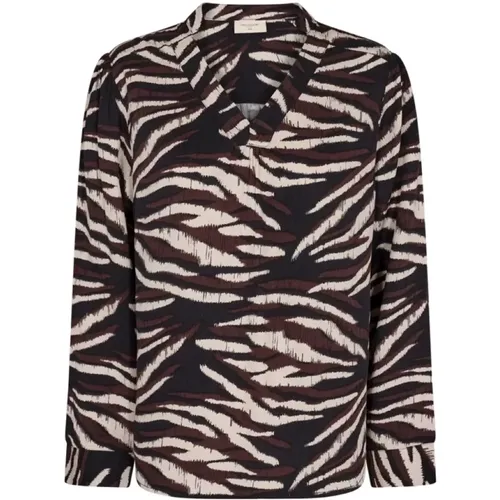 Animal Print Blouse with V-Neck and Long Sleeves , female, Sizes: M, L - Freequent - Modalova