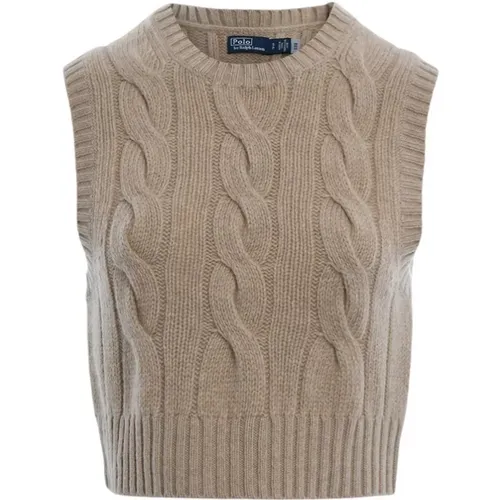 Beiger ärmelloser Strickpullover mit Zopfmuster , Damen, Größe: M - Ralph Lauren - Modalova