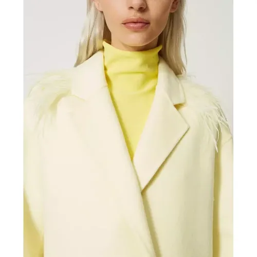 Short Wool Blend Coat with Detachable Feathers - Size 40 , female, Sizes: S, XS - Twinset - Modalova