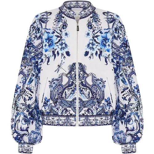 Light Jackets, female, , Size: S Delft Blue Linen Bomber Jacket - Camilla - Modalova