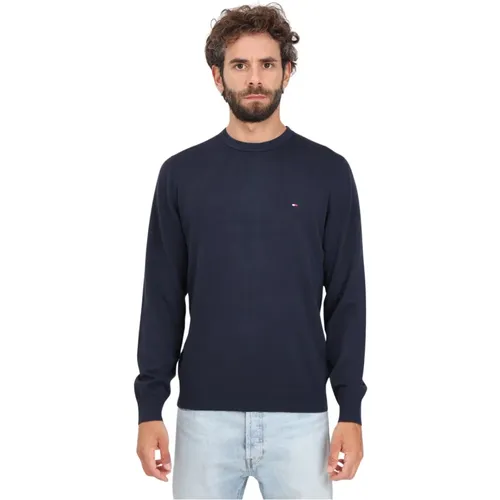 Blauer Crew-Neck Pullover mit Flaggenstickerei , Herren, Größe: S - Tommy Hilfiger - Modalova