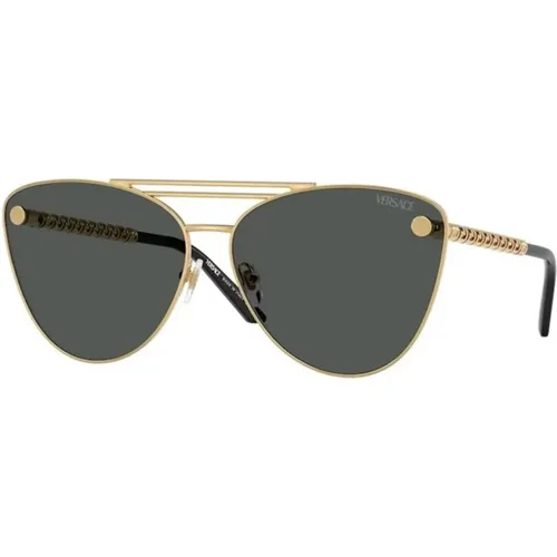 Sonnenbrille mit goldener Fassung und dunkelgrauen Gläsern , unisex, Größe: 64 MM - Versace - Modalova