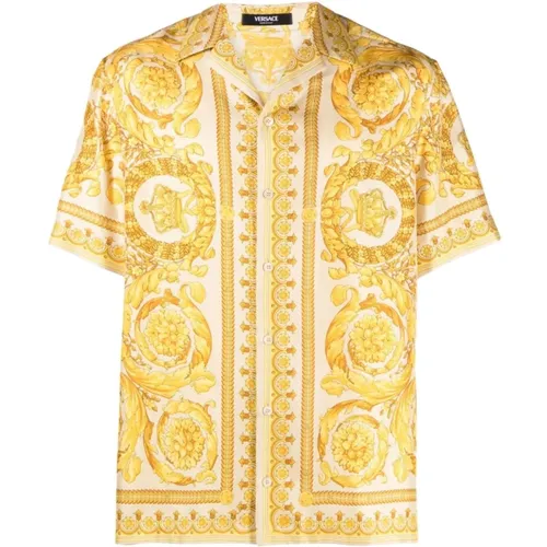 Golden Barocco Print Silk Shirt , male, Sizes: L, S - Versace - Modalova