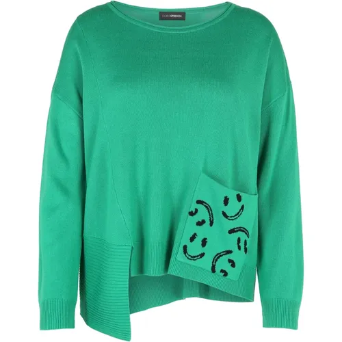 Boxy Style Rippstrick-Pullover mit Smiley-Tasche , Damen, Größe: L - DORIS S - Modalova