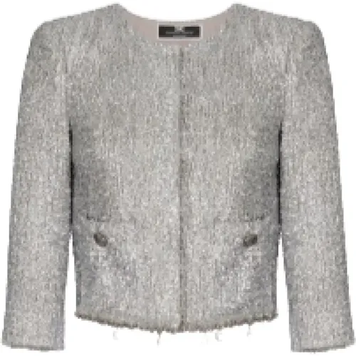 Cropped Tweed Lurex Jacket Silver , female, Sizes: L, S - Elisabetta Franchi - Modalova