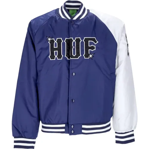 Bomber Jackets, male, , Size: XL Quilted Satin Baseball Jacket in Navy - HUF - Modalova