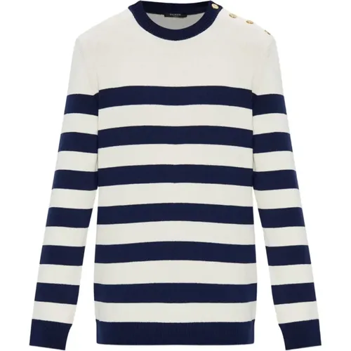 Round-neck Knitwear, male, , Size: L Striped Round-neck Knit Sweater - Balmain - Modalova
