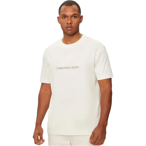 Logo Baumwoll T-Shirt - Beige Rundhals Kurzarm , Herren, Größe: XL - Calvin Klein - Modalova