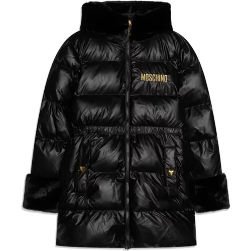 Gepolsterte Schwarze Kapuzenjacke mit Pelzbesatz und Besticktem Logo - Moschino - Modalova