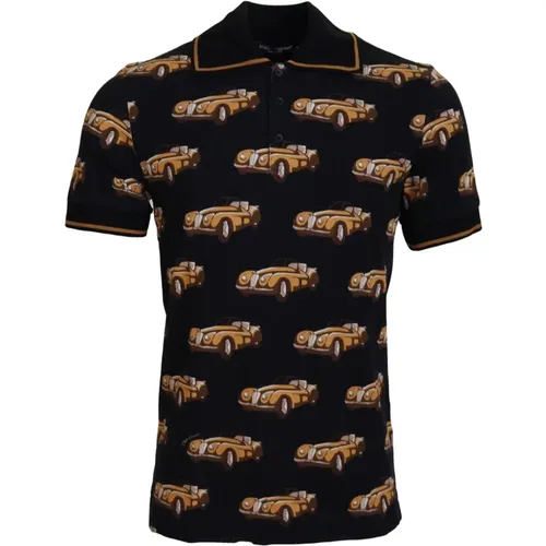 Polo Shirts, male, , Size: S Black Car Print Short Sleeve Polo T-shirt - Dolce & Gabbana - Modalova