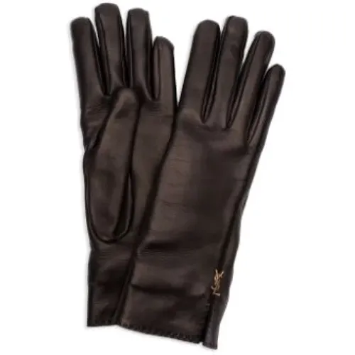 Smooth Leather Gloves with Small Golden Logo , female, Sizes: 8 IN, 7 IN - Saint Laurent - Modalova