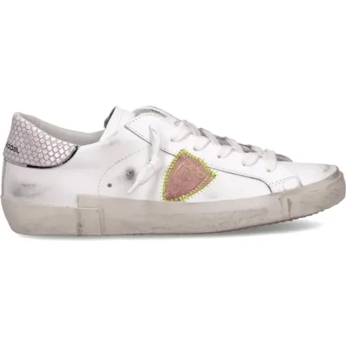 Sneakers, female, , Size: 9 US Unique Leather Sneakers with Pink Python Detail - Philippe Model - Modalova