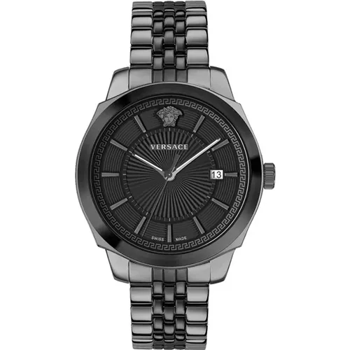 Classic Men's Watch Black Grey Steel , male, Sizes: ONE SIZE - Versace - Modalova