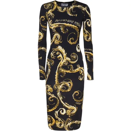 Baroque Print Black Dress Long Sleeves , female, Sizes: S, XS, 2XS - Versace Jeans Couture - Modalova