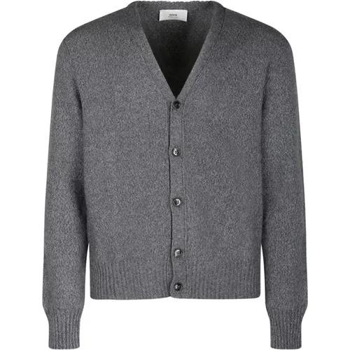 Cardigans, male, , Size: XL Grey Cashmere Cardigan with Embroidered Heart Logo - Ami Paris - Modalova