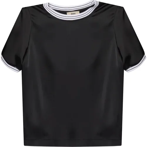 Schwarzes Satin-T-Shirt mit Kontrastkanten , Damen, Größe: M - Herno - Modalova