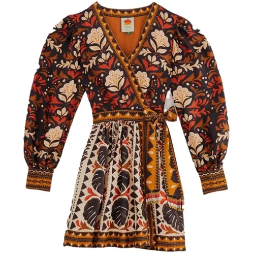 Tapestry V-Ausschnitt Mini Kleid , Damen, Größe: S - Farm Rio - Modalova