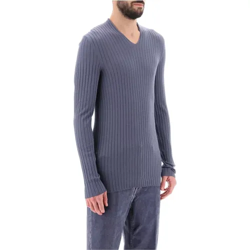 V-neck Knitwear, male, , Size: L Ribbed-Knit Sweater with V Neck and Scalloped Edges - Salvatore Ferragamo - Modalova