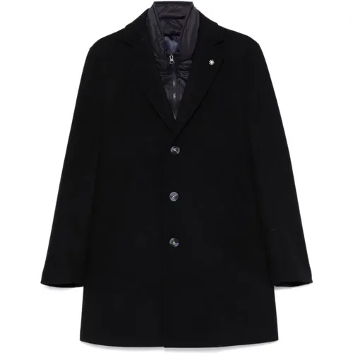 Single-Breasted Coats, male, , Size: M Navy Wool Blend Coat - Manuel Ritz - Modalova