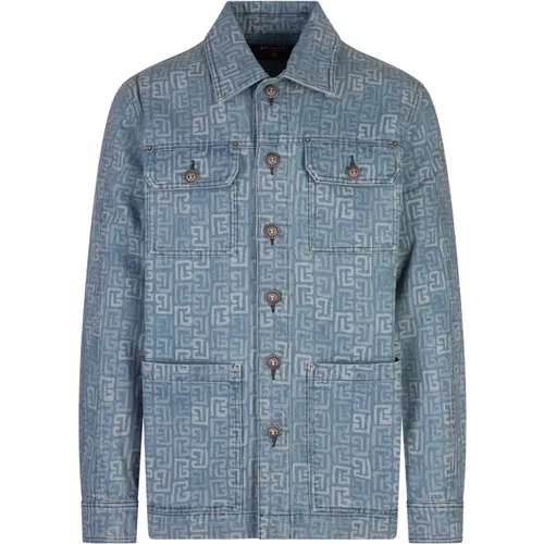 Blaue Denim Monogramm Jacke Balmain - Balmain - Modalova